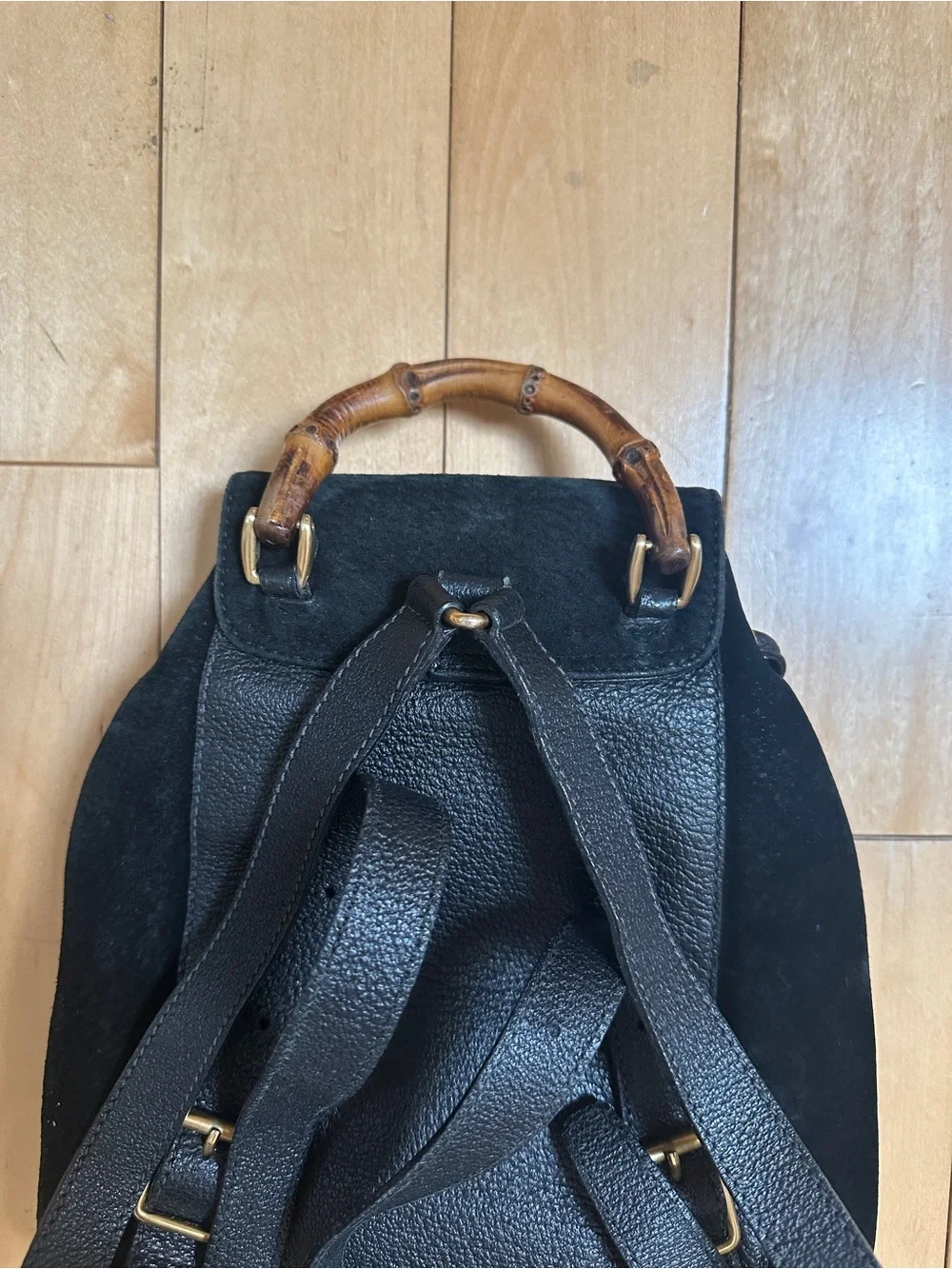 Gucci Black Suede & Leather Backpack with Bamboo Handle Accent